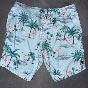 Billabong Recycler Layback Swim Trunk Flamingo Palm Print Large Blue Board Short
